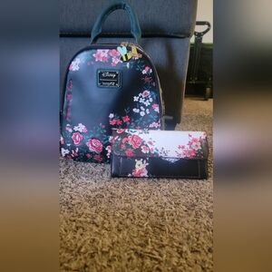 Disney Floral Backpack and Wallet Set - Black and Pink